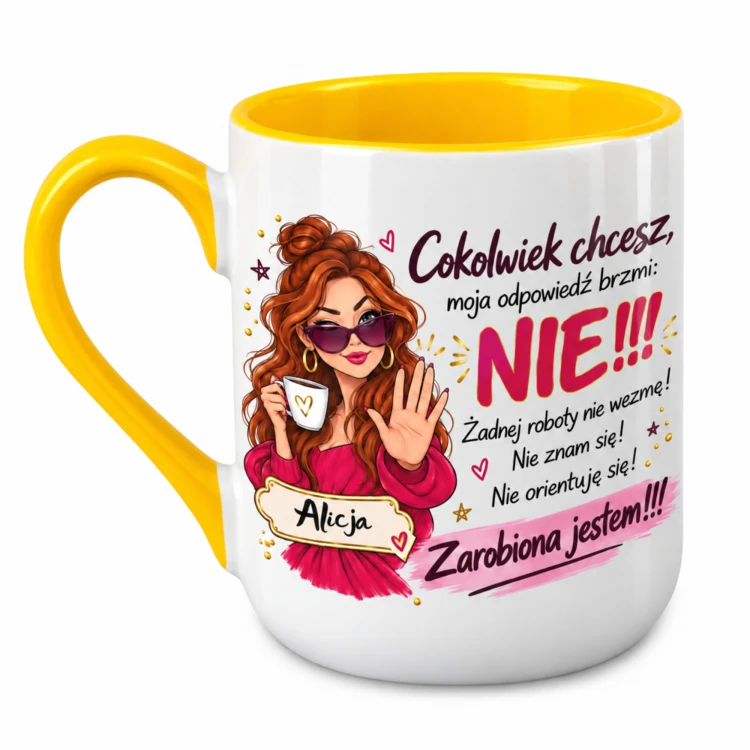 Żółty kubek Alex 330 ml z imieniem Cokolwiek chcesz moja odpowiedź brzmi NIE