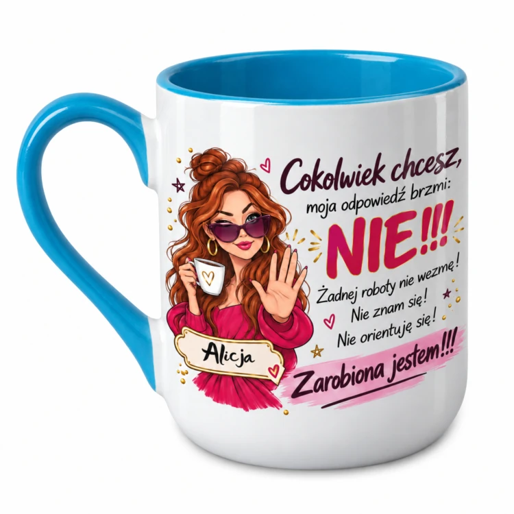 Niebieski kubek Alex 330 ml z imieniem Cokolwiek chcesz moja odpowiedź brzmi NIE