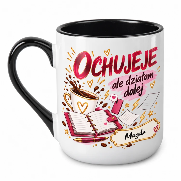 Czarny kubek Alex 330 ml z imieniem Ochujeje ale działam dalej