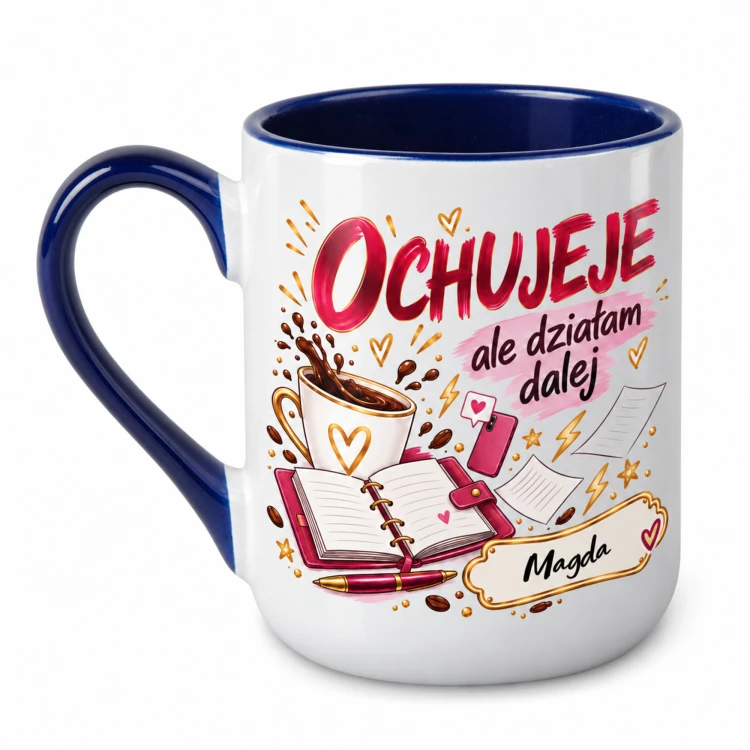 Granatowy kubek Alex 330 ml z imieniem Ochujeje ale działam dalej