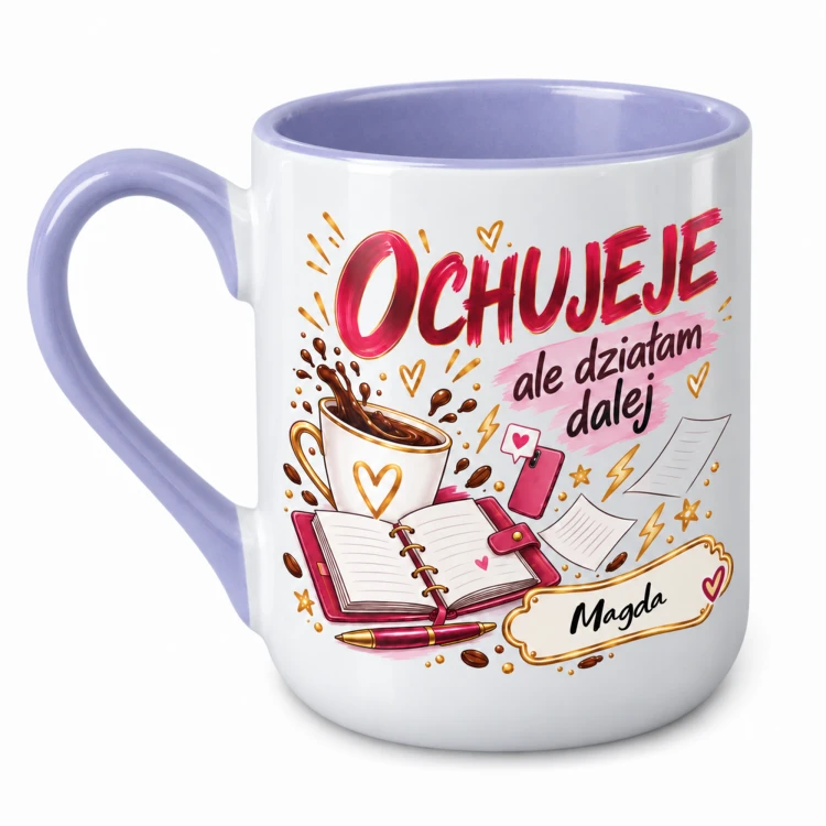 Jasnofioletowy kubek Alex 330 ml z imieniem Ochujeje ale działam dalej