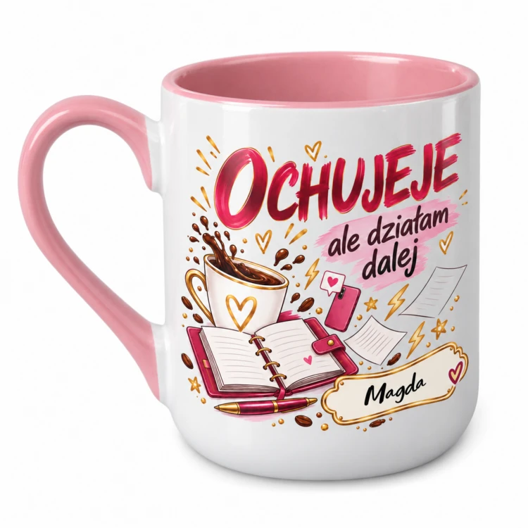 Różowy kubek Alex 330 ml z imieniem Ochujeje ale działam dalej