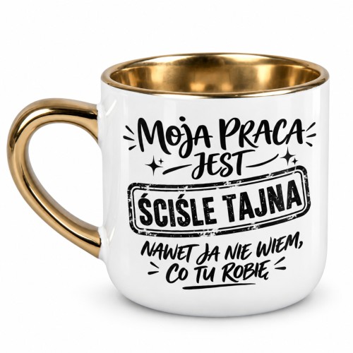 Biały kubek Elegant szeroki 400 ml Moja praca jest ściśle tajna