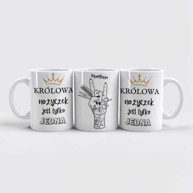 kubek z hasłem królowa nożyczek jest tylko jedna i możliwością dodania imienia