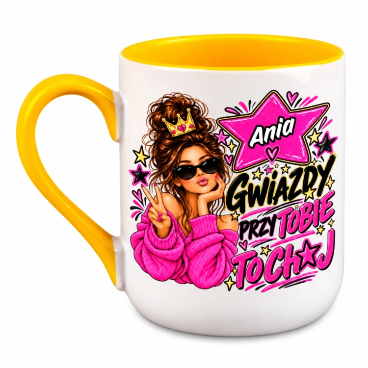Kubek z imieniem Gwiazdy przy Tobie z dziewczyną – Alex 330 ml żółty