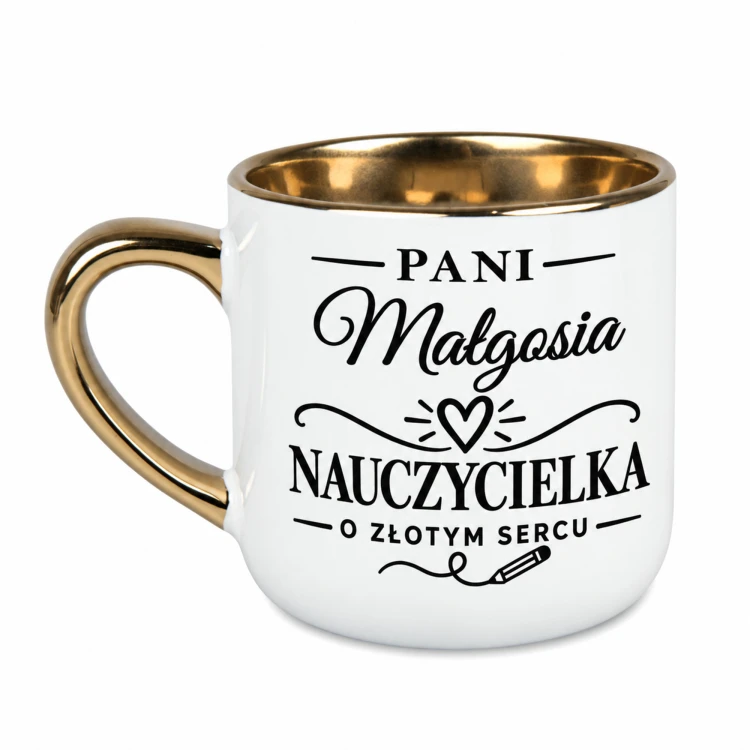 Personalizowany kubek dla nauczycielki o złotym sercu z imieniem