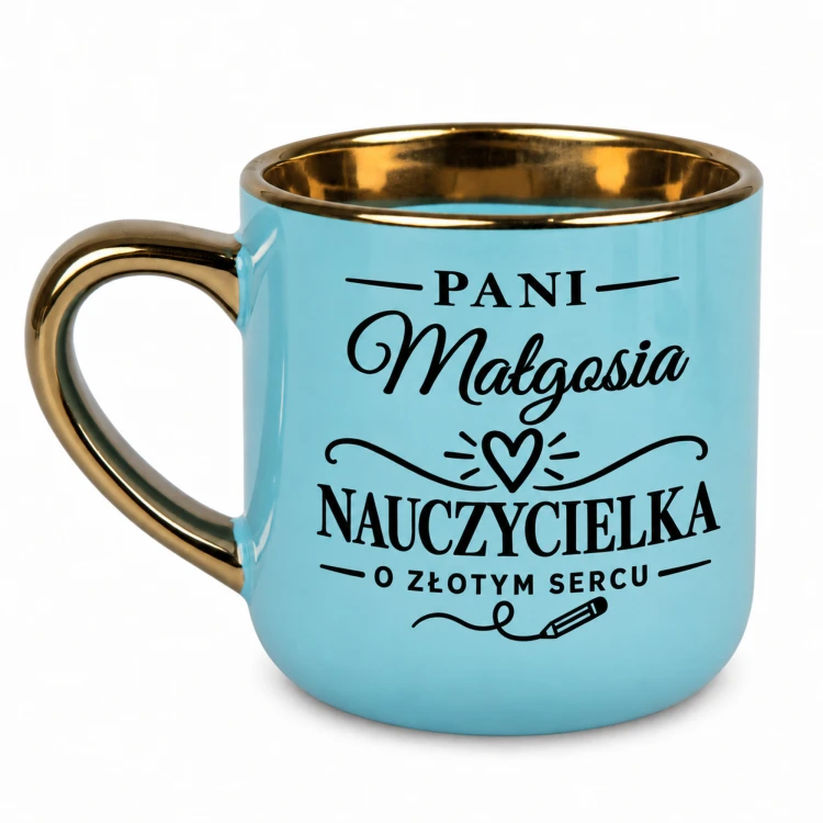 Jasnoniebieski kubek dla nauczycielki o złotym sercu z imieniem