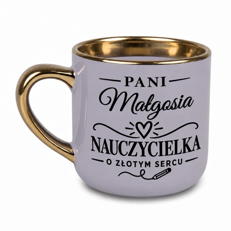 Fioletowy kubek dla nauczycielki o złotym sercu z imieniem