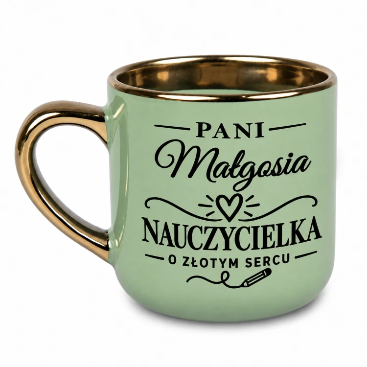 Zielony kubek dla nauczycielki o złotym sercu z imieniem