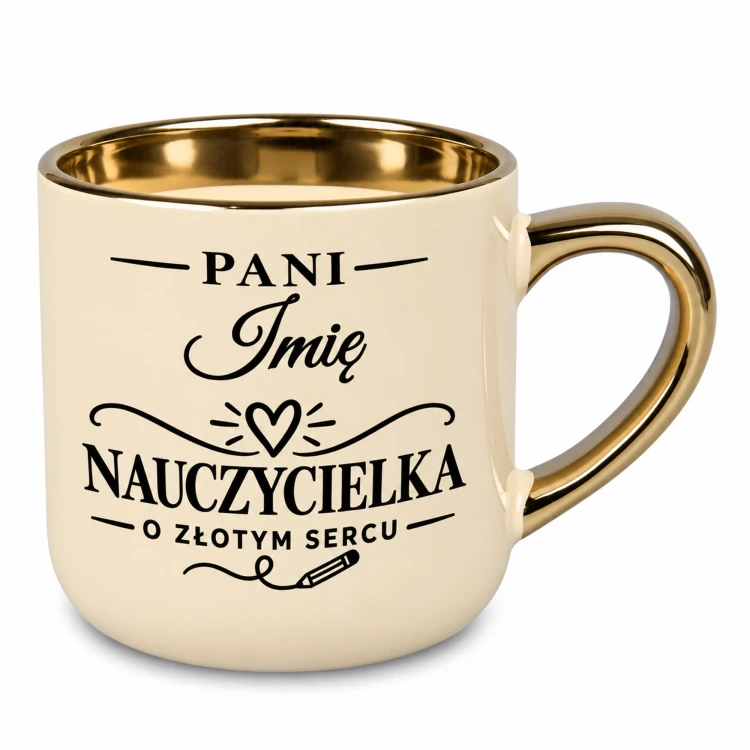 Kubek z imieniem dla nauczycielki ze złotym uchem i rantem