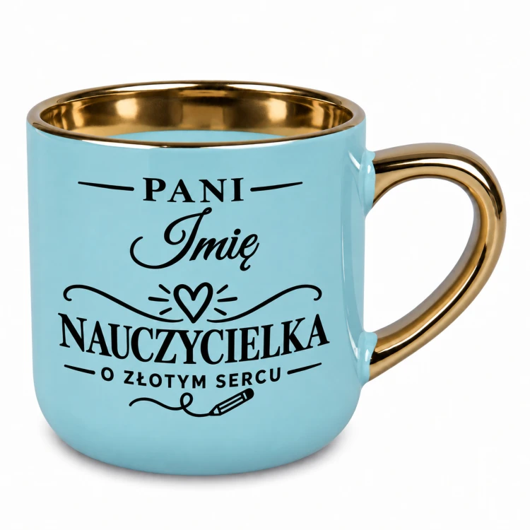 Kubek z imieniem dla nauczycielki ze złotym uchem i rantem