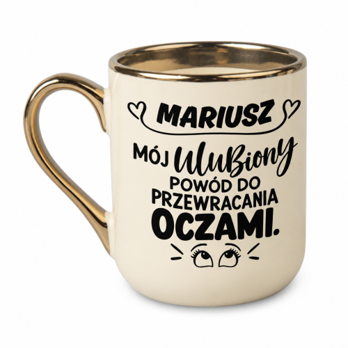 Kremowy kubek Elegant 330 ml z imieniem i napisem „Mój ulubiony powód do przewracania oczami”