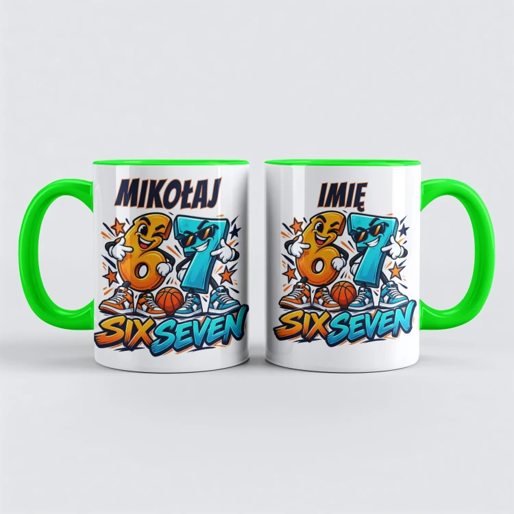 Kubek Six Seven z imieniem 330 ml – biały z zielonym uchem i zielonym wnętrzem