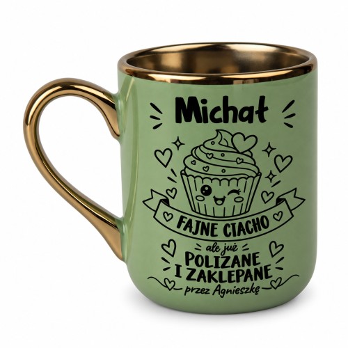 Zielony kubek Elegant 330 ml „Fajne ciacho” z dwoma imionami oraz złotym uchem i rantem