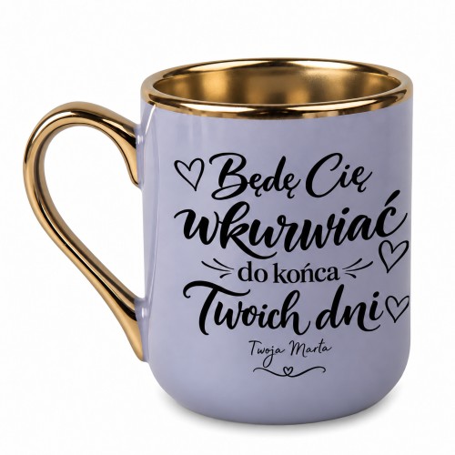 Kubek ceramiczny Elegant fioletowy 330 ml ze złotym uchem i rantem oraz personalizowanym podpisem