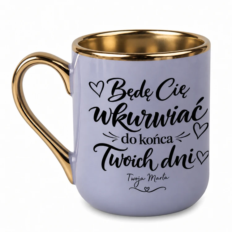 Kubek ceramiczny Elegant fioletowy 330 ml ze złotym uchem i rantem oraz personalizowanym podpisem