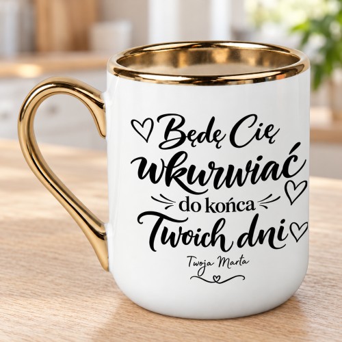 Kubek ceramiczny Elegant biały 330 ml ze złotym uchem, złotym rantem i czarnym nadrukiem z serduszkami