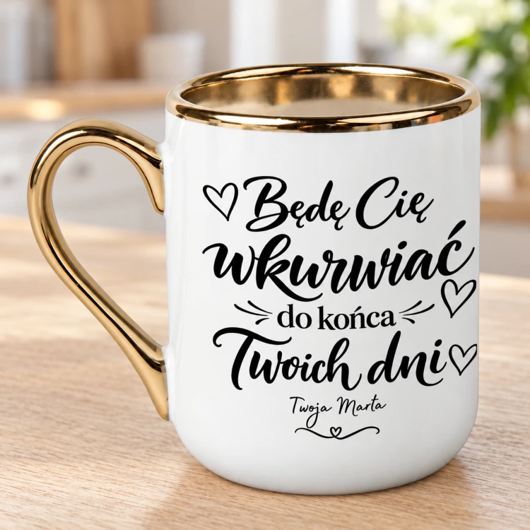 Kubek ceramiczny Elegant biały 330 ml ze złotym uchem, złotym rantem i czarnym nadrukiem z serduszkami