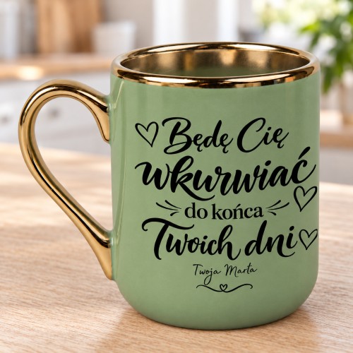 Kubek ceramiczny Elegant zielony 330 ml ze złotym uchem i złotym rantem oraz personalizowanym nadrukiem