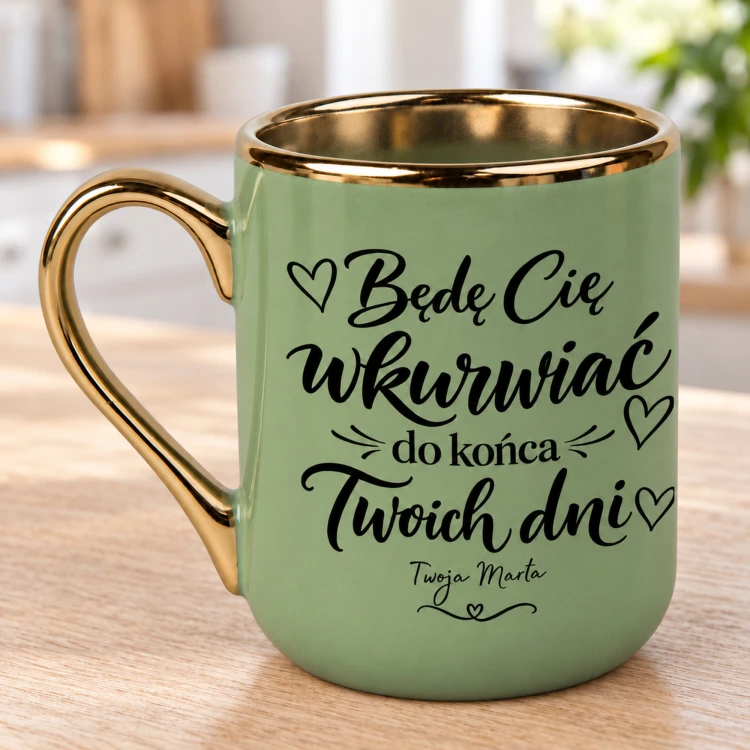 Kubek ceramiczny Elegant zielony 330 ml ze złotym uchem i złotym rantem oraz personalizowanym nadrukiem