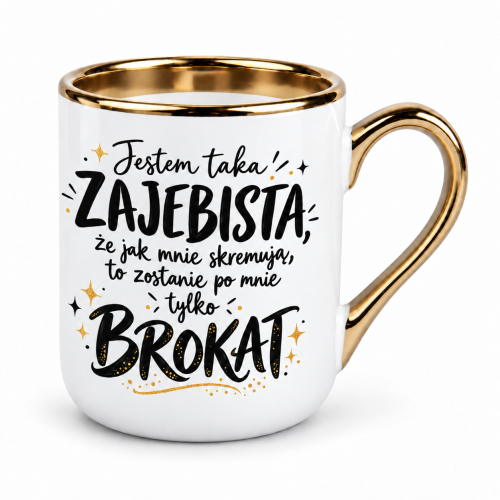 Biały kubek Elegant 330 ml ze złotym uchem i rantem – widok prawej strony