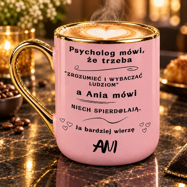 Fioletowy kubek Elegant 330 ml z personalizowanym napisem „Psycholog mówi, że trzeba” w aranżacji