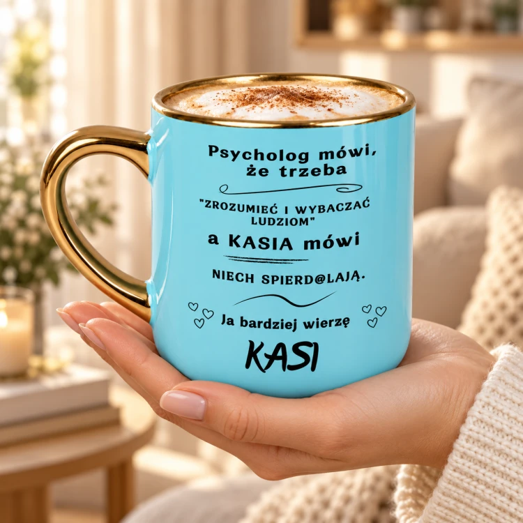 Jasnoniebieski kubek Elegant 400 ml „Psycholog mówi, że trzeba” z imieniem, złotym rantem i uchem w aranżacji