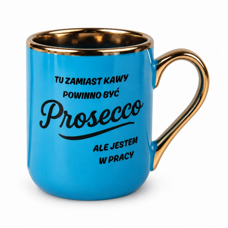 Niebieski kubek Elegant 330 ml z napisem o Prosecco w pracy – złote ucho z prawej