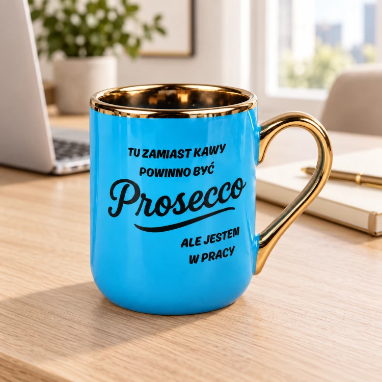 Niebieski kubek Elegant 330 ml ze złotym uchem i napisem o Prosecco w pracy – zdjęcie na tle otoczenia