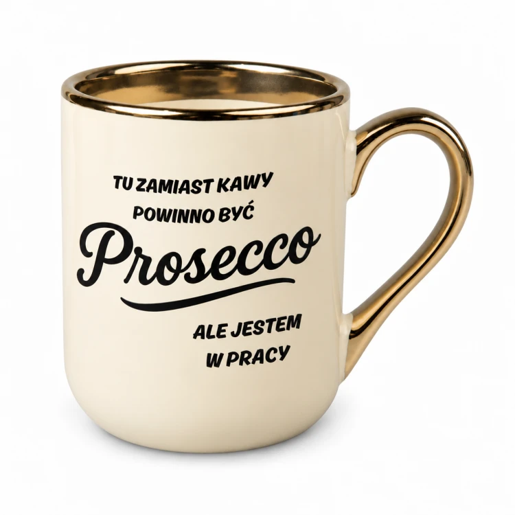 Kremowy kubek Elegant 330 ml z napisem o Prosecco w pracy – złote ucho z prawej