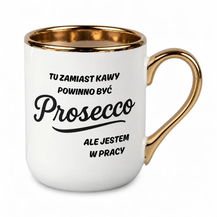 Biały kubek Elegant 330 ml z napisem o Prosecco w pracy – złote ucho z prawej