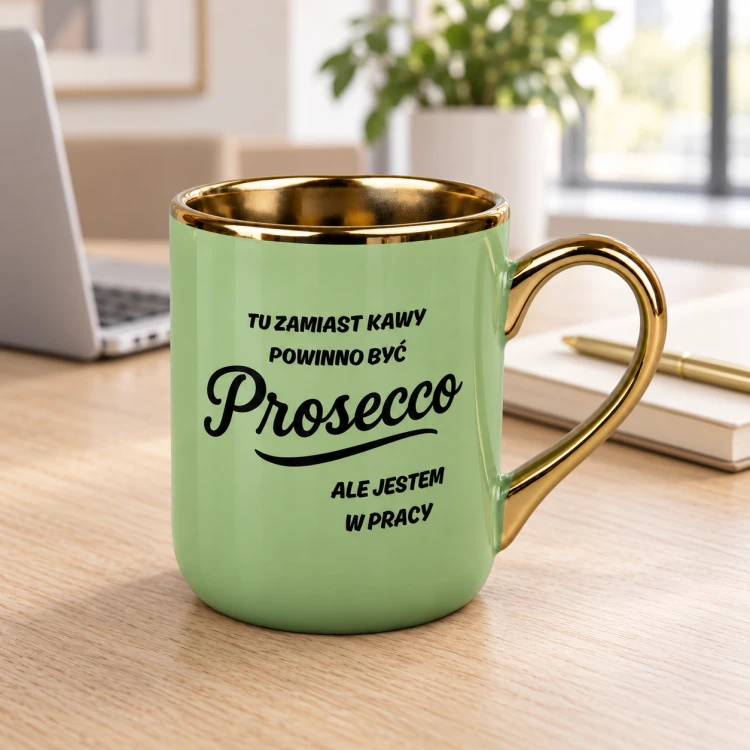 Zielony kubek Elegant 330 ml ze złotym uchem i napisem o Prosecco w pracy – zdjęcie na tle otoczenia