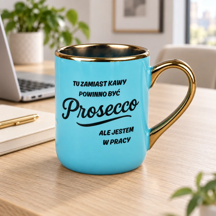 Jasnoniebieski kubek Elegant 330 ml ze złotym uchem i napisem o Prosecco w pracy – zdjęcie na tle otoczenia
