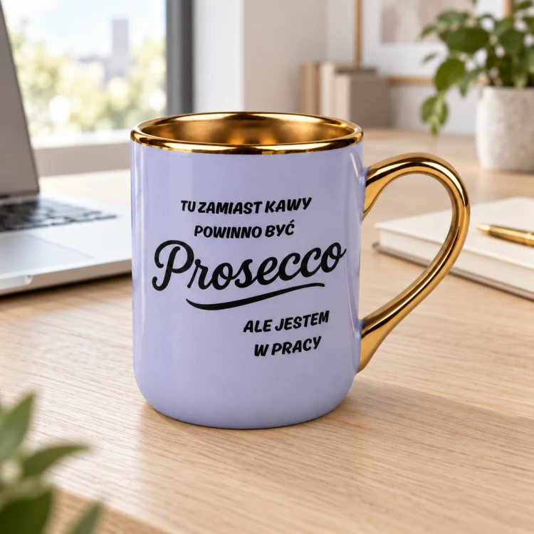 Fioletowy kubek Elegant 330 ml ze złotym uchem i napisem o Prosecco w pracy – zdjęcie na tle otoczenia
