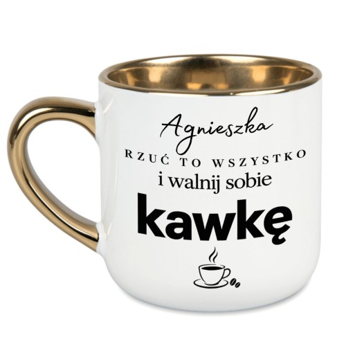 Biały kubek Elegant 400 ml „Rzuć to wszystko i walnij sobie kawkę” – lewa strona