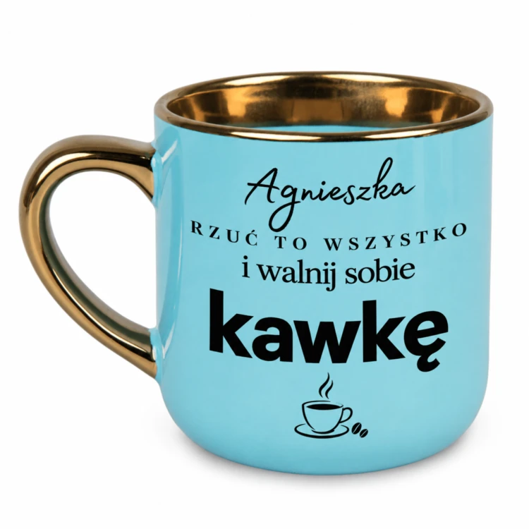 Jasnoniebieski kubek Elegant 400 ml „Rzuć to wszystko i walnij sobie kawkę” – lewa strona