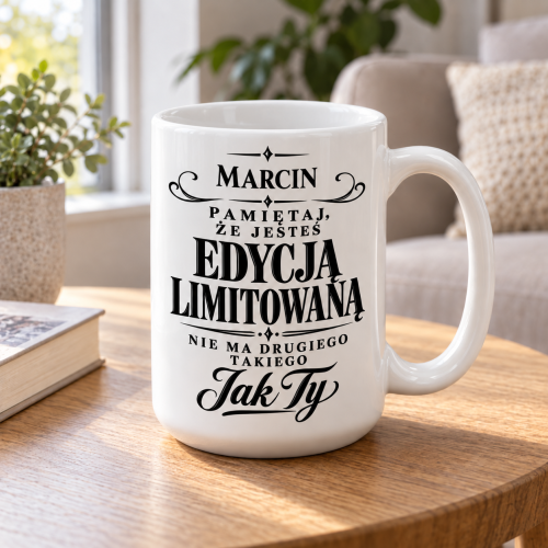Biały kubek z imieniem Marcin i napisem „Edycja limitowana” na drewnianym stoliku przy oknie.