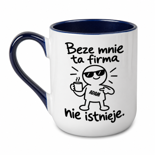 Kubek Alex 330 ml z granatowym uchem i wnętrzem, napisem „Beze mnie ta firma nie istnieje” i imieniem na koszulce ludzika