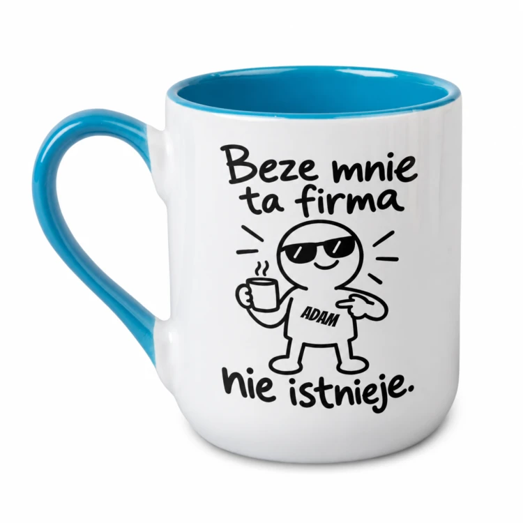Kubek Alex 330 ml z niebieskim uchem i wnętrzem, napisem „Beze mnie ta firma nie istnieje” i imieniem na koszulce ludzika