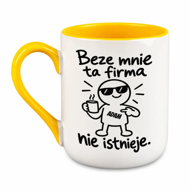 Kubek Alex 330 ml z żółtym uchem i wnętrzem, napisem „Beze mnie ta firma nie istnieje” i imieniem na koszulce ludzika