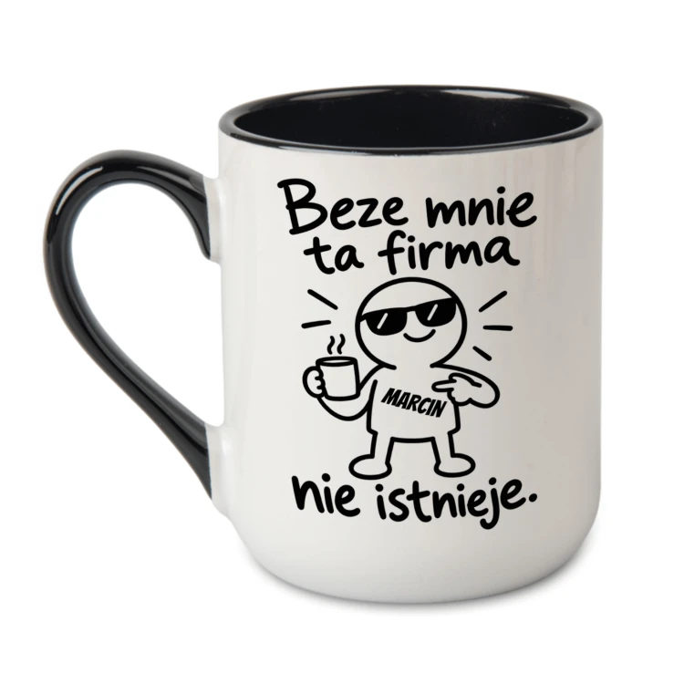 Kubek Alex 330 ml z czarnym uchem i wnętrzem, napisem „Beze mnie ta firma nie istnieje” i imieniem na koszulce ludzika