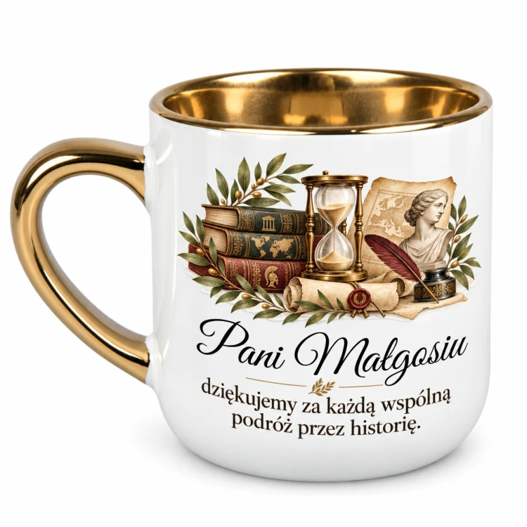 Biały kubek Elegant 400 ml dla nauczyciela historii z imieniem, książkami i klepsydrą – widok z lewej strony