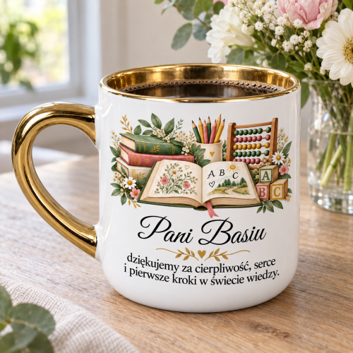 Kubek Elegant biały 400 ml z imieniem i podziękowaniem dla nauczyciela klas 1–3 w aranżacji na naturalnym tle