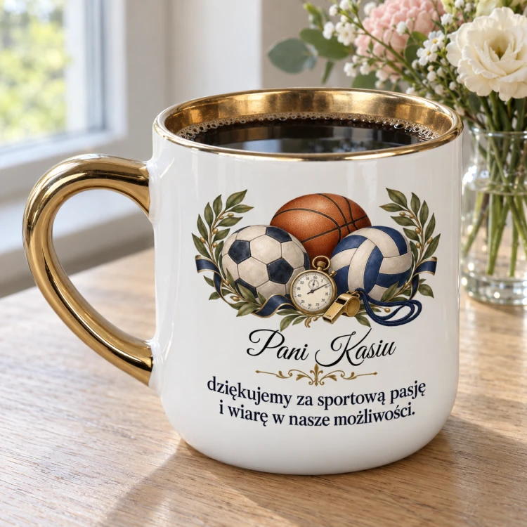 Biały kubek Elegant 400 ml ze sportową ilustracją i imieniem dla nauczyciela WF w aranżacji na naturalnym tle