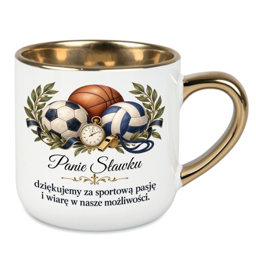 Kubek Elegant biały 400 ml z imieniem i podziękowaniem za sportową pasję dla nauczyciela WF – widok z prawej strony