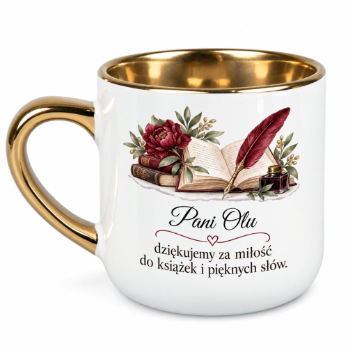 Biały kubek Elegant 400 ml z imieniem i literacką ilustracją dla nauczyciela języka polskiego – widok z lewej strony