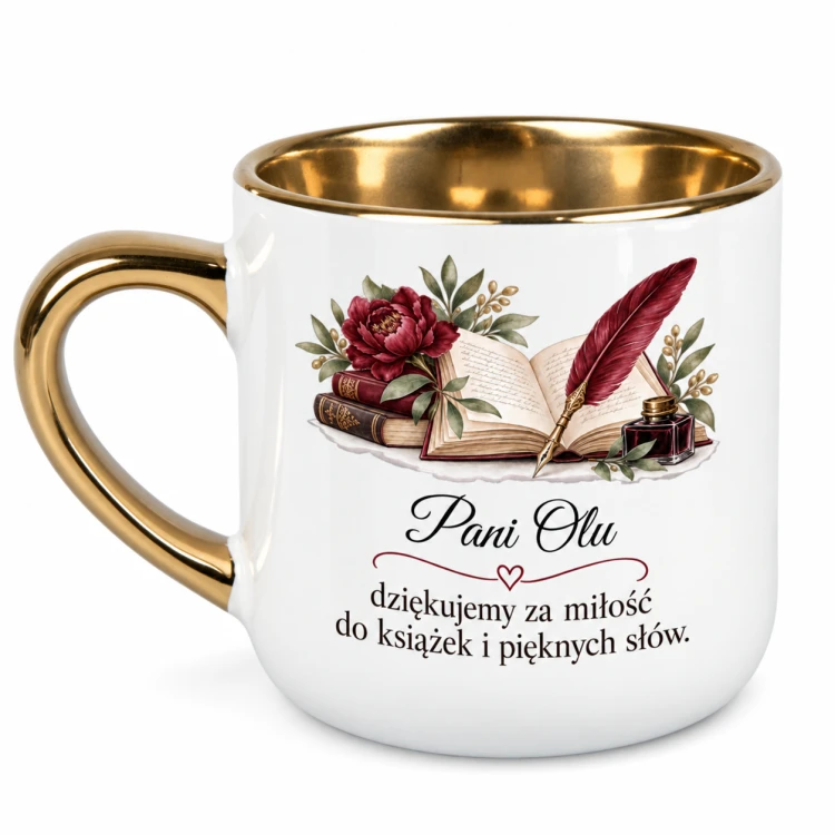 Biały kubek Elegant 400 ml z imieniem i literacką ilustracją dla nauczyciela języka polskiego – widok z lewej strony