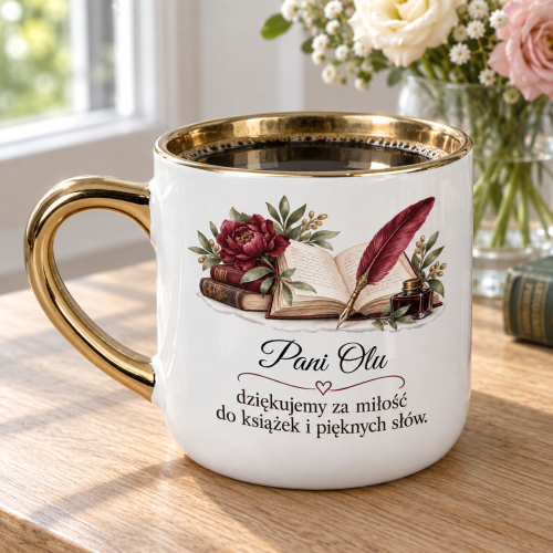 Kubek Elegant biały 400 ml z imieniem i podziękowaniem dla nauczyciela języka polskiego w aranżacji na naturalnym tle
