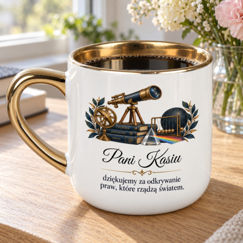 Biały kubek Elegant 400 ml z imieniem i podziękowaniem dla nauczyciela fizyki w aranżacji na naturalnym tle
