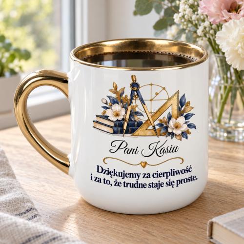 Biały kubek Elegant 400 ml z imieniem i podziękowaniem dla nauczyciela matematyki w aranżacji na naturalnym tle